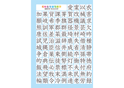 小学4年生の漢字一覧表（筆順付き）A4 ブルー 左